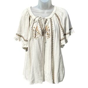 UMGEE Women Sz S Oatmeal Linen Blend Embroidered Ruffle Sleeve Boho Peasant Top.